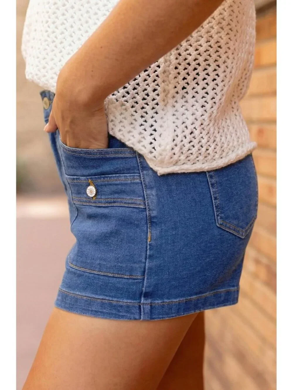 Women's Sail Blue High Waisted Stretchy Shorts Double Button Denim Jean Shorts
